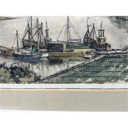 James Patrick (British 20th century): Moored Fishing Boats, watercolour signed 14cm x 23cm
