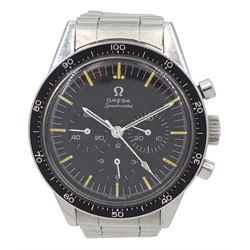 Omega Speedmaster stainless steel, manual wind chronograph wristwatch, circa 1966, Ref. ST 105.003-65 Cal. 321, serial No. 24013255, black dial with subsidiary dials at 3, 6 and 9 for constant seconds, 30 minute and 12 hour recording, decimal bezel, on stainless steel strap with fold-over clasp, boxed
