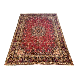 Large Persian Mashad red ground with all over floral field centred by lozenge medallion 377 x 277