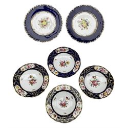 Set of four 19th century floral painted bowls impressed T.H, together with a pair of similar 19th century plates (6)