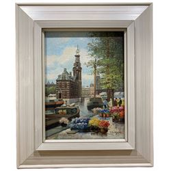 Anton Rutgers (Dutch 1898-1954): 'Flower Sellers Mint Tower Amsterdam', oil on canvas 23cm x 17cm