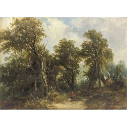 J Grimson (British Mid-19th century): Figure on Woodland Path, oil on canvas signed and dated 1860, 28cm x 38cm (unframed)