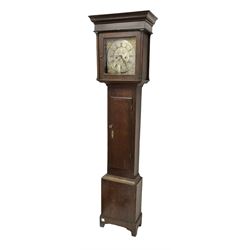 8-day oak longcase clock - with a flat top and broad cornice , square hood door with attached pilasters, long trunk door with a flat top on a rectangular plinth with a shaped skirting, brass dial with an engraved centre, date aperture and silvered chapter ring inscribed William Midgley of Sheffield, with Roman numerals and minute track, weight driven rack striking movement with pendulum and weights. No bell.
