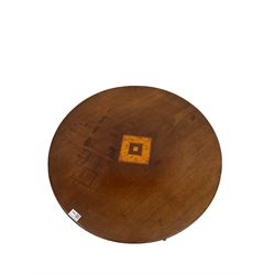 19th century mahogany tilt top table with satin wood inlay, over one turned pillar leading into three splayed supports