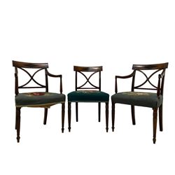 Set seven 19th century mahogany dining chairs, the cresting rail with carvings over upholstered seat, raised on turned and reeded supports 