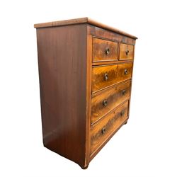 Victorian mahogany chest, fitted with two short and three long drawers, raised on compressed bun supports W107cm