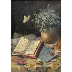 English School (19th century): Still Life with Forget-Me-Nots and Letters, oil on canvas unsigned 35cm x 25cm