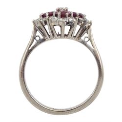 White gold oval ruby and round brilliant cut diamond cluster ring, stamped 18ct