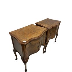Two early 20th century walnut serpentine chests, one fitted with three drawers and one with one drawer over one cupboard W69cm, D49cm, H 75cm