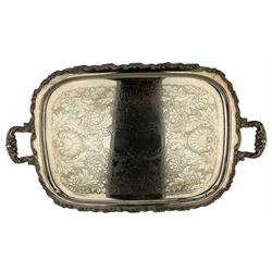 Oneida silver-plated twin handled tea tray with floral engraved decoration and acanthus moulded border, L68cm