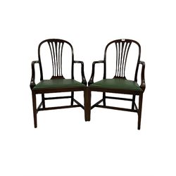 Pair early 20th century Georgian style mahogany elbow chairs, pierced splat back over open arms, faux leather upholstered drop in seat pads, raised on square tapered and chamfered supports 