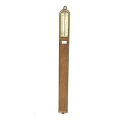 Early 20th century oak cased stick barometer and thermometer, by 'Bonser and co, Leeds,' with ivorine registers, H93cm