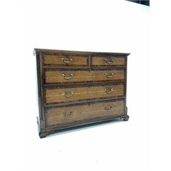 Georgian oak chest, fitted with two short and three long graduated drawers, with burr elm crossbanding, satinwood and ebonised string inlay, quarter round fluted and reeded pilasters to each side, raised on ogee bracket supports, W123cm, H96cm, D52cm