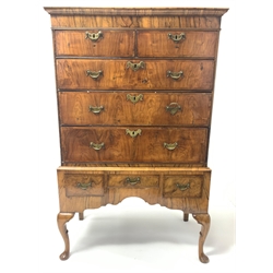18th century and later walnut chest on stand, projecting moulded cornice over two short and three long drawers, stand fitted with three small drawers above shaped apron, on cabriole supports, W97cm, H155cm, D52cm