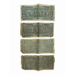 The Confederate States of America, two five dollar bills, ten dollars and twenty dollars, all dated February 17th 1864, with hand written serial numbers (4)