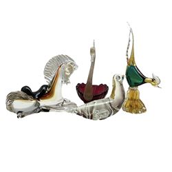 Group of Murano glass sculptures comprising, Zanetti Sea Lion with signature underside, Swan bowl with gold aventurine inclusions, green and yellow cockerel H30cm and a model of a seated Horse (4)