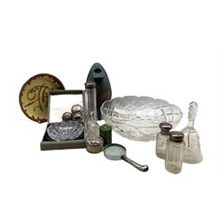 Silver handled magnifying glass, various early 20th century silver mounted dressing table bottles and jars, glass bowl, Mediterranean pottery vessel and miscellanea in one box
