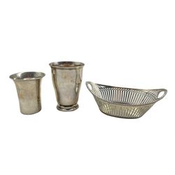 Dutch silver beaker H7cm by C F Wewer, another Dutch beaker and a Dutch silver oval sweetmeat basket W14cm 5.3oz