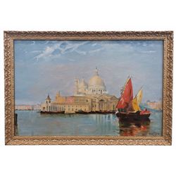 Henry Hubbard (British early 20th century): 'A View of Basilica di Santa Maria della Salute Venice, oil on panel signed and dated 1914, 45cm x 29cm
