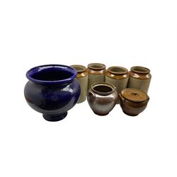 Four cylindrical stoneware jars H30cm, salt glazed stoneware jar, large jardiniere and stoneware bowl and cover (7)