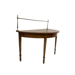 19th century mahogany demi lune table, the brass gallery over plain top and inlaid frieze, raised on square tapered supports 