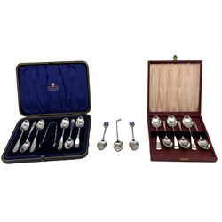 Set of six silver teaspoons and tongs with wrythen stems, cased Sheffield 1911 Maker Allen and Darwin, six teaspoons by Roberts and Belk, two Masonic silver and enamel spoons and a golf club spoon 6.5oz