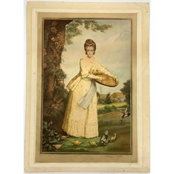 After Francis S. Walker (British 1848-1916): Lady Feeding Chickens, mezzotint signed in pencil together with After William Hogarth (British 1697-1764): 'Industry and Idleness' set plates 1-8 engravings max 48cm x 33cm (9)
