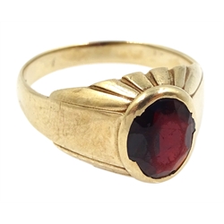 Gold garnet signet ring stamped 9ct and three Victorian gold shirt studs, Birmingham 1898, in silk and velvet lined box
