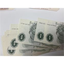 Bank of England notes including twelve Page one pounds of various designs, ten shilling banknotes, five Lowther five pounds and two Bailey twenty pounds