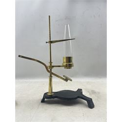 19th/ early 20th century brass Pascal Balance with single tapered glass flask on cast iron base, the instrument is used to demonstrate that the pressure of water is proportional to its depth not its volume, H40.5cm