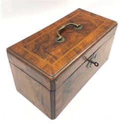 Mid 19th century figured walnut tea caddy with ebony and boxwood stringing W25cm