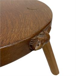 Beaverman - oak stool, kidney shaped top with burr carved with beaver signature, on tapered octagonal splay supports, Colin Almack, Sutton-under-Whitestone Cliffe, Thirsk
