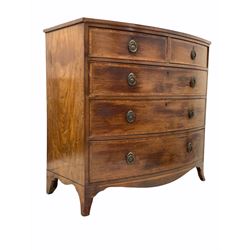 Late Georgian mahogany bow front chest of drawers, the two short and three long drawers over shaped apron terminating in splayed supports W118cm, H104cm, D55cm