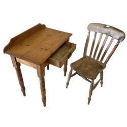 Victorian style side table, the raised back over one frieze drawer, raised on turned supports, together with a 19th century farmhouse chair 