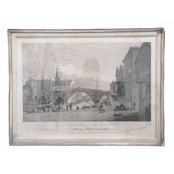 Henry Cave (British 1779-1836): 'Old Bridge and St William's Chapel York', engraving pub. 1820; after William Westall (British 1781-1850): 'Mickle Gate Bar York', engraving; after Thomas Hearne (British 1744-1817): 'View of Micklegate Bar and the Hospital of St Thomas York', engraving pub. 1782 together with two more engravings of York max 44cm x 62cm (5)