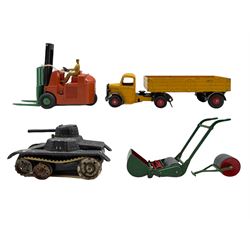 Dinky Supertoys Bedford Articulated Lorry no. 521, Lawn Mower no. 751 and a Dinky Toys Coventry Climax Fork Lift Truck no. 14c, together with a Gama clockwork tinplate Tank No.70, all boxed (4)