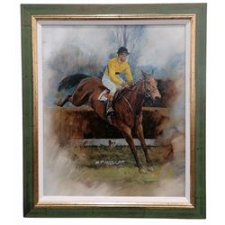 M P Heslop (British contemporary): 'Arkle Taking a Fence' oil on board signed 54cm x 45cm