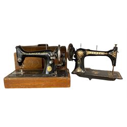 Jones' C.S. Medium cast iron sewing machine and a Singer sewing machine in oak case (2)