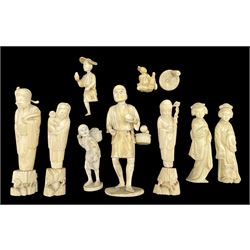 Three 19th century Japanese carved ivory figures of Immortals H15cm, another of a fruit seller, three other Japanese ivory okimonos and two other figures (9)
