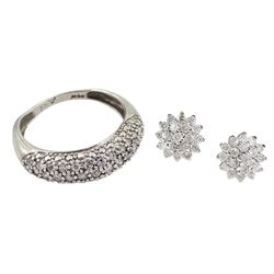 Pair of white gold diamond cluster stud earrings and a white gold pave set diamond ring, both hallmarked 9ct