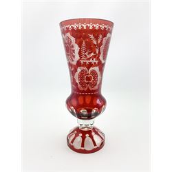 20th Century Bohemian ruby glass vase with etched decoration on a pedestal foot H40cm