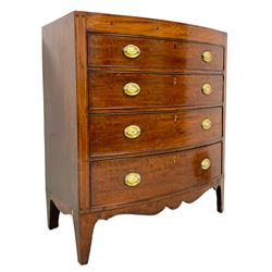 Early 19th century inlaid mahogany bow-front chest, the frieze inlaid with patterned boxwood stringing, fitted with four graduating drawers with brass handles and bone escutcheons, on shaped apron and bracket feet 