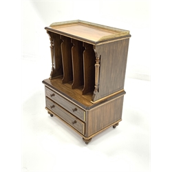 Late Victorian walnut Canterbury by Lamb of Manchester, pierced brass galleried top over three divisions enclosed by fluted pilasters, two drawers under, raised on turned supports, W58cm