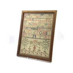 Victorian sampler worked with the alphabet, trees and foliate border by Janet Boyd Ochil? 1861, 35cm x 26cm 