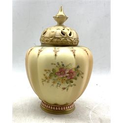 Royal Worcester pot pourri vase with pierced cover decorated with flowers on a blush ivory ground, H 22cm, pair of similar, smaller vases and five other pieces of Royal Worcester (8)