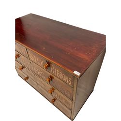 Victorian mahogany chest, fitted with two short and three long drawers, with later painted advertising lettering 
