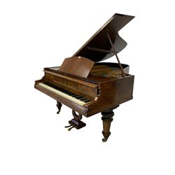 Hagspiel & Comp - late 19th century boudoir grand piano, figured and burr walnut case, raised on turned and carved octagonal tapered supports on brass castors and lyre pedestal supports, serial number 4729