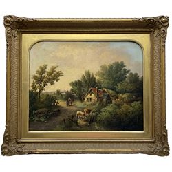 E H Barnes (British mid-19th century): Pastoral Landscape with Figures and Cattle, oil on board signed and dated 1864, housed in ornate gilt stepped frame with cartouche scroll corners and fleur-de-lis design 34cm x 43cm