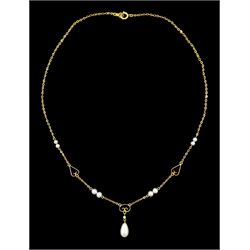 9ct gold simulated pearl fancy link necklace, stamped