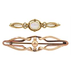 9ct gold Celtic design opal bar brooch, London 1993 and a Victorian rose gold knot bar brooch, stamped 9ct